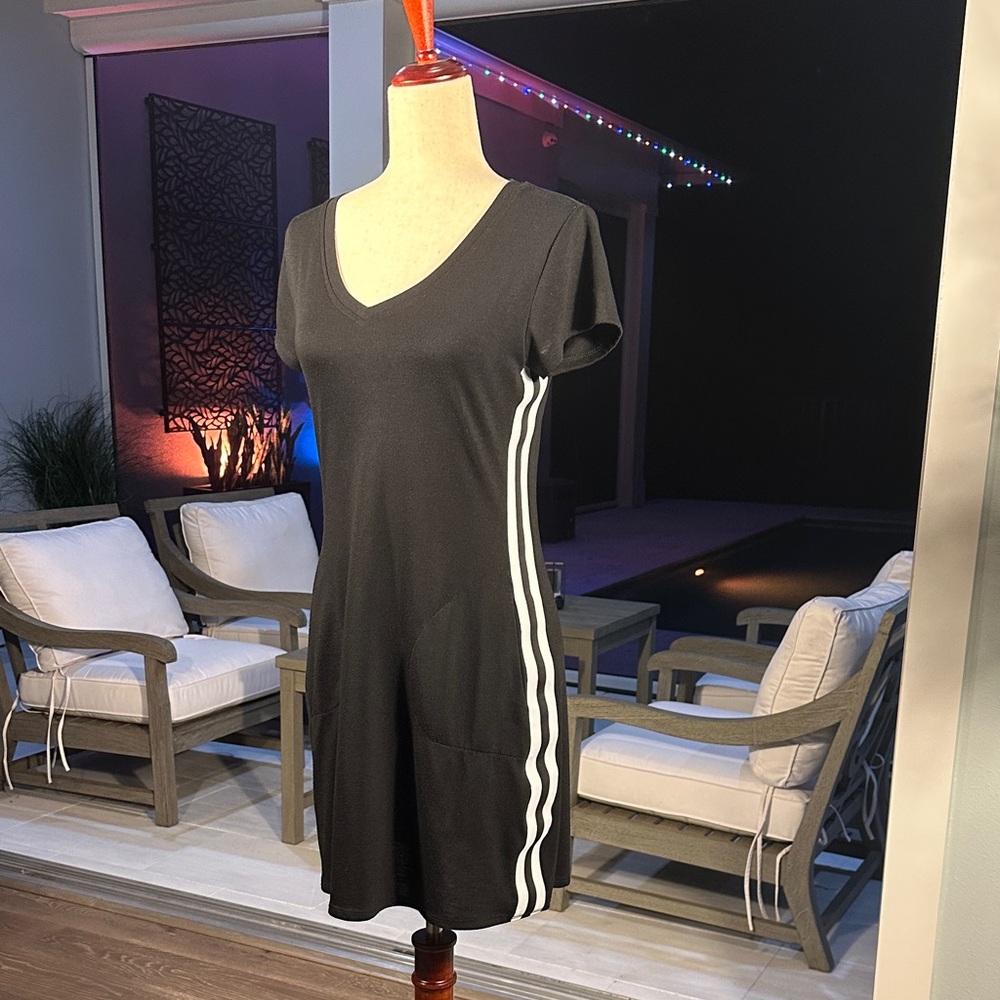 MNY Black Short Sleeve Dress with White Stripes